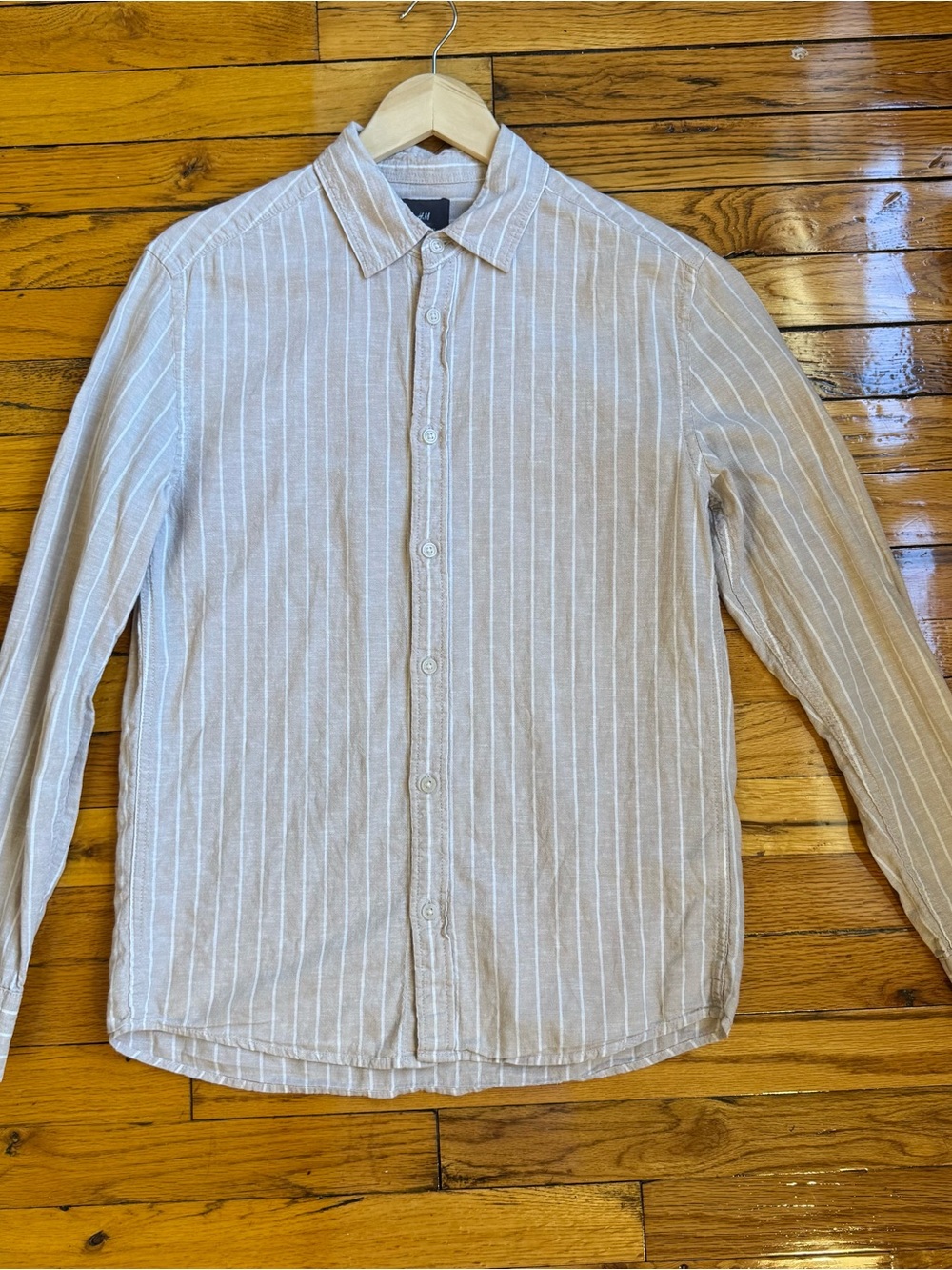 Beige and White Striped Button-Down Shirt